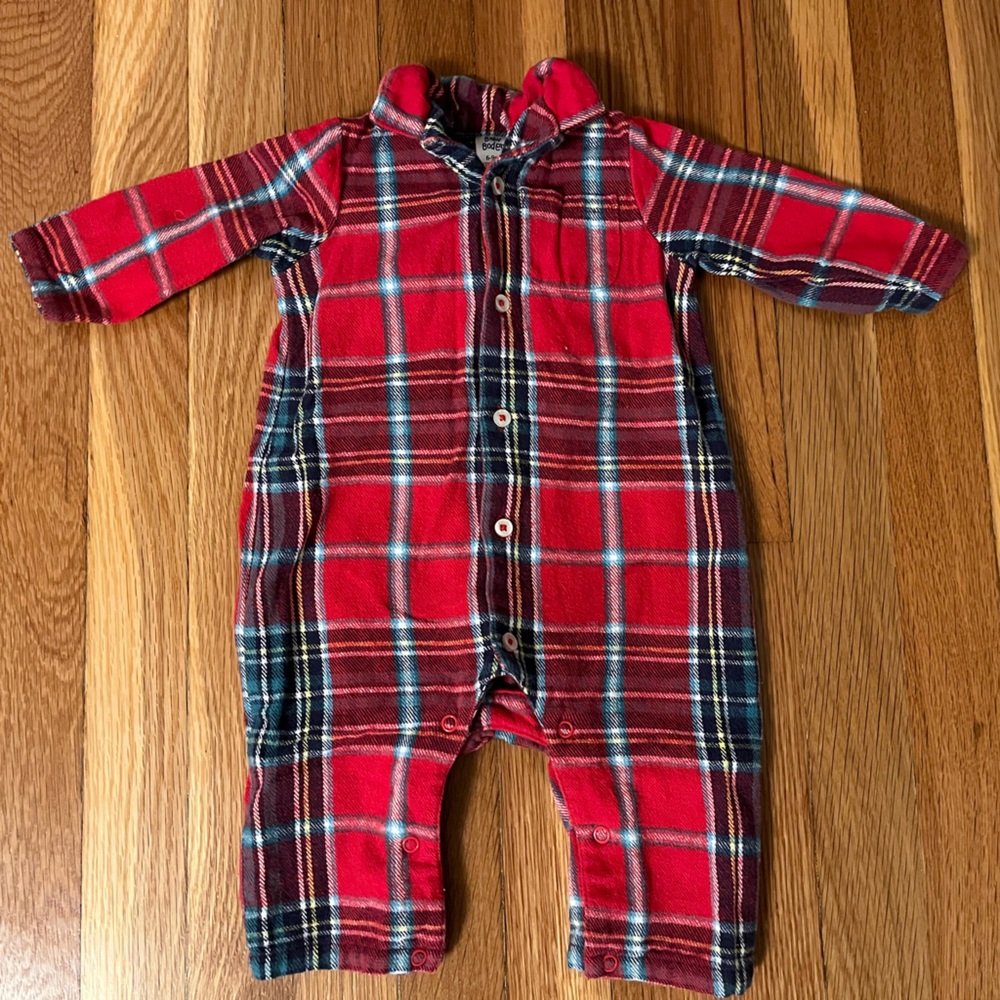 Baby Boden red plaid flannel outfit